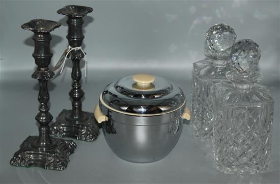 2 glass decanters, pr plated c/sticks, etc